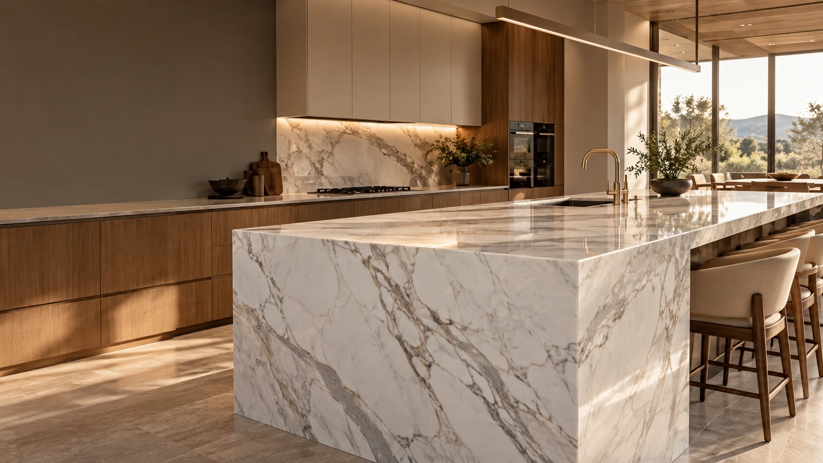 Ilha de cozinha com bancada e lateral em mármore branco com veios cinza e dourados